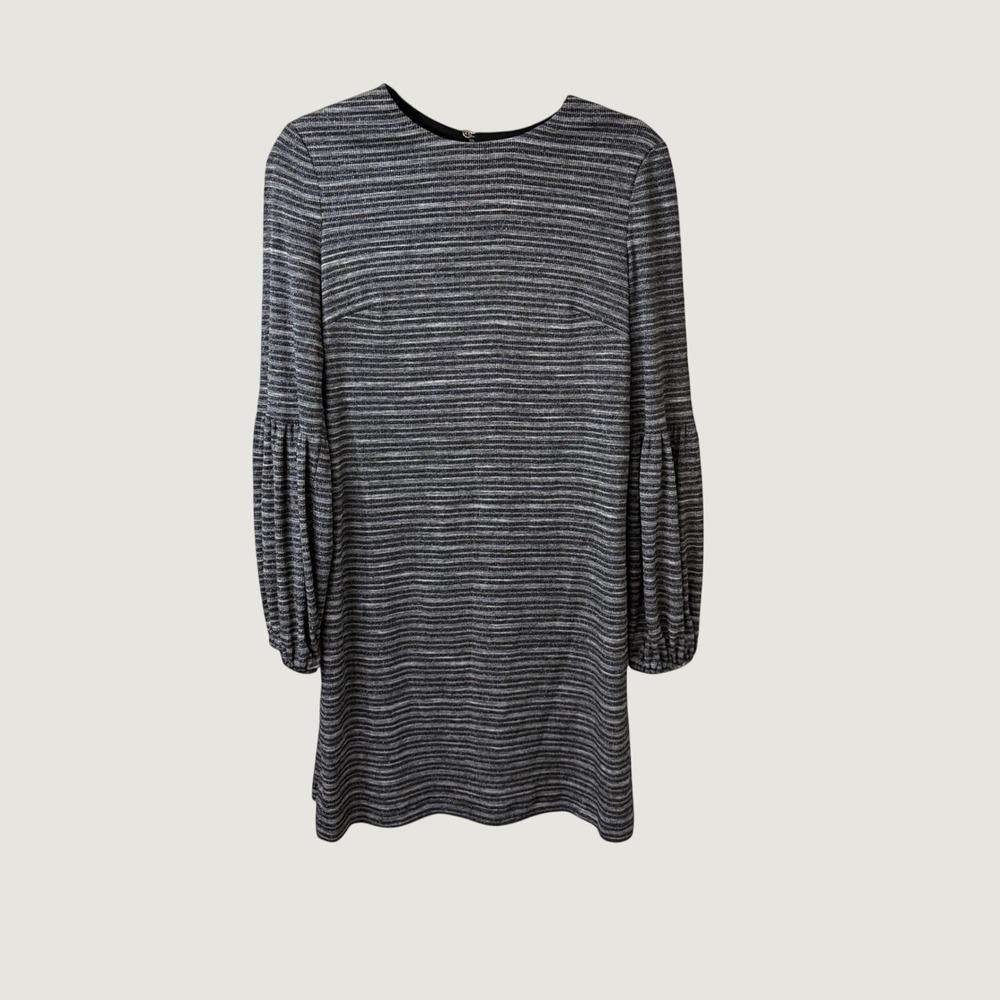 Maggy London Striped Puff Sleeve Dress Grey Black Size 6 Preppy Mod Minimalist